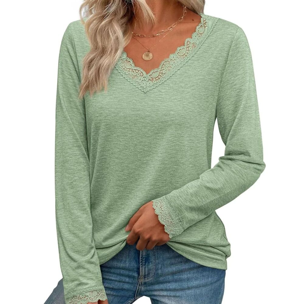 Womens 2XL Sage Green Lace Trim V-Neck Long Sleeve T-Shirt Casual Top XXL